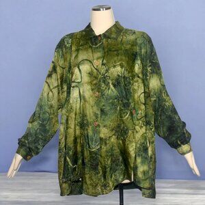 Rising Phoenix Lagenlook Art to Wear Mottled Green Embellished Blouse 1X 2X